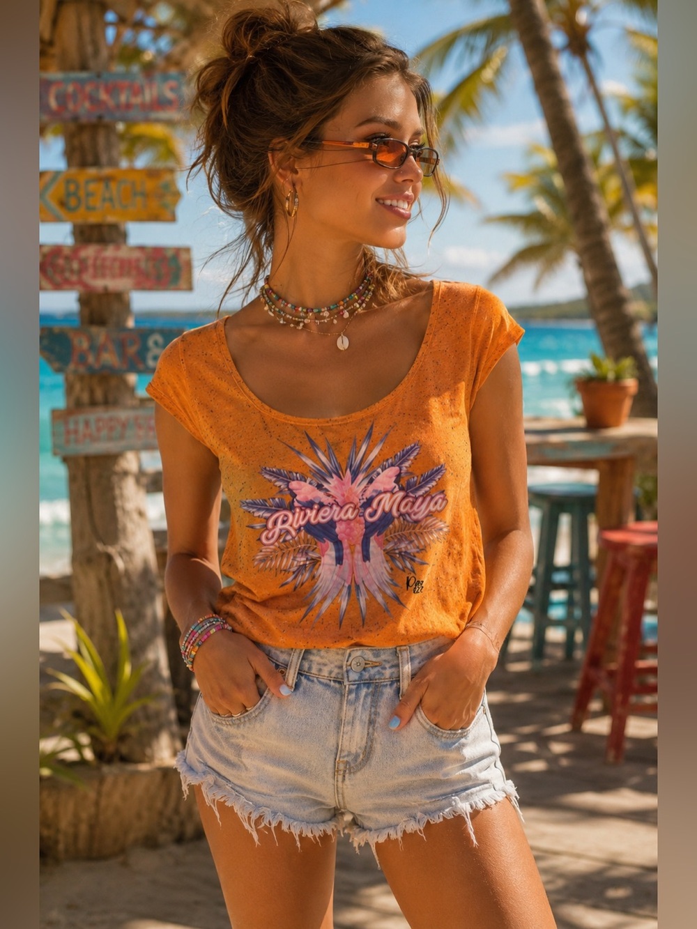 Y2K Pier 27 Riviera Maya Orange Graphic Tropical Vacation Tee Size M Beachy